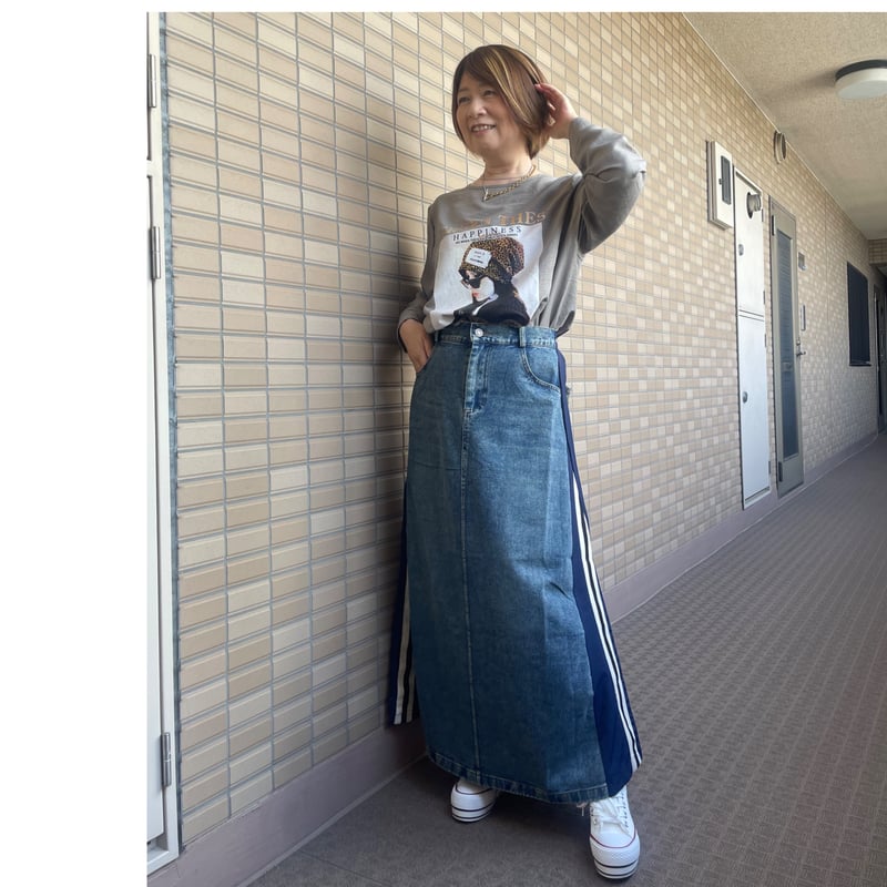 ライン入りデニムドッキングスカート（ネイビーのみ） | Midum ミドゥム