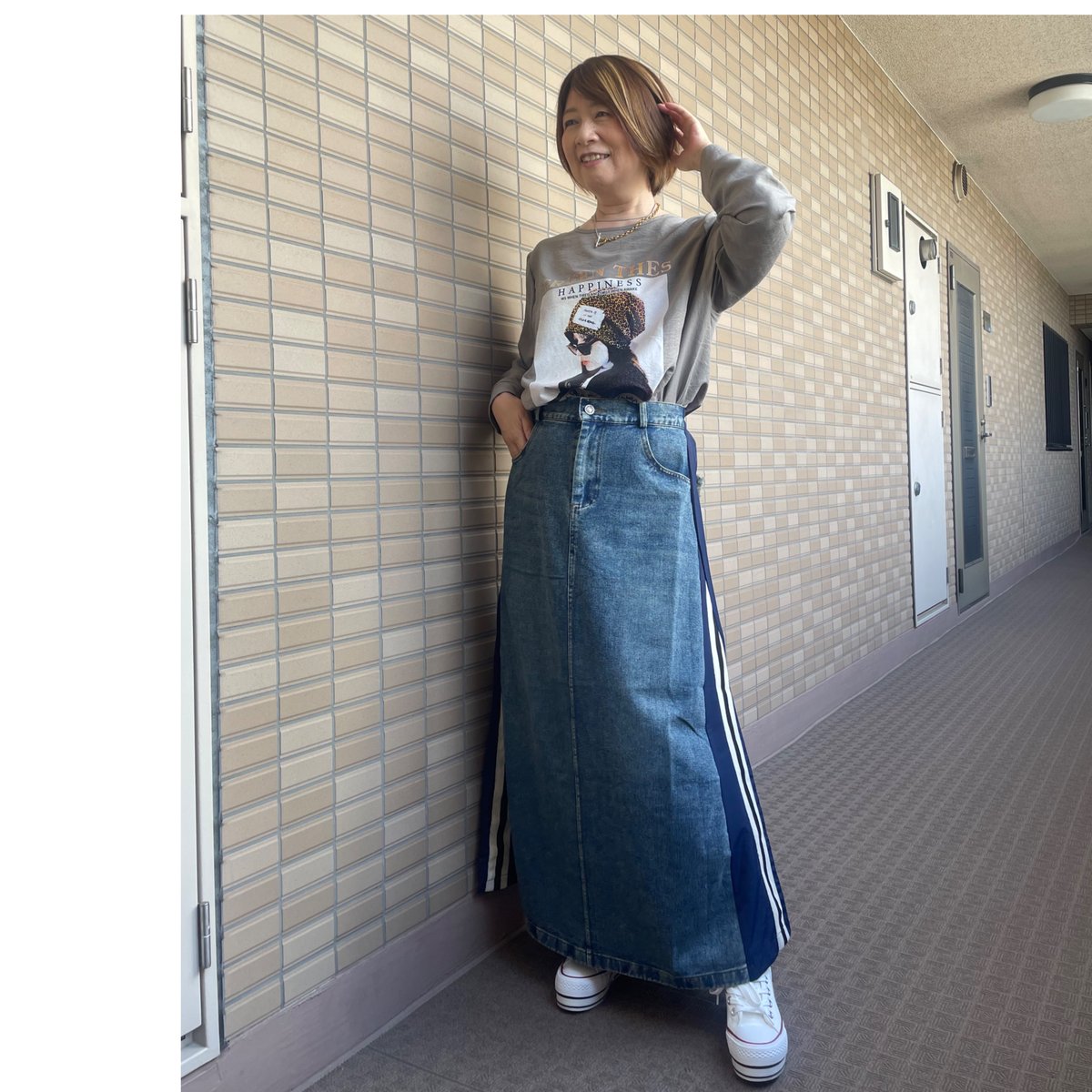 ライン入りデニムドッキングスカート（ネイビーのみ） | Midum ミドゥム