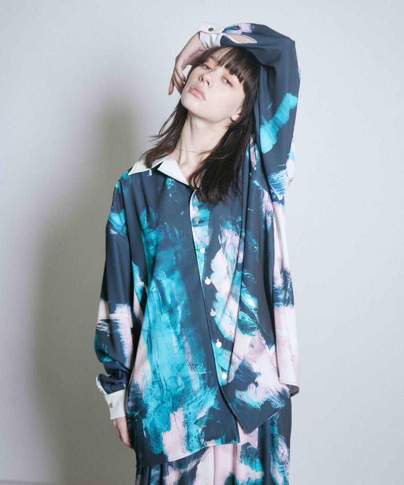 Stony paint open collar shirt / Turquoise | 0658 Stony paint open collar shirt / Turquoise | 0658