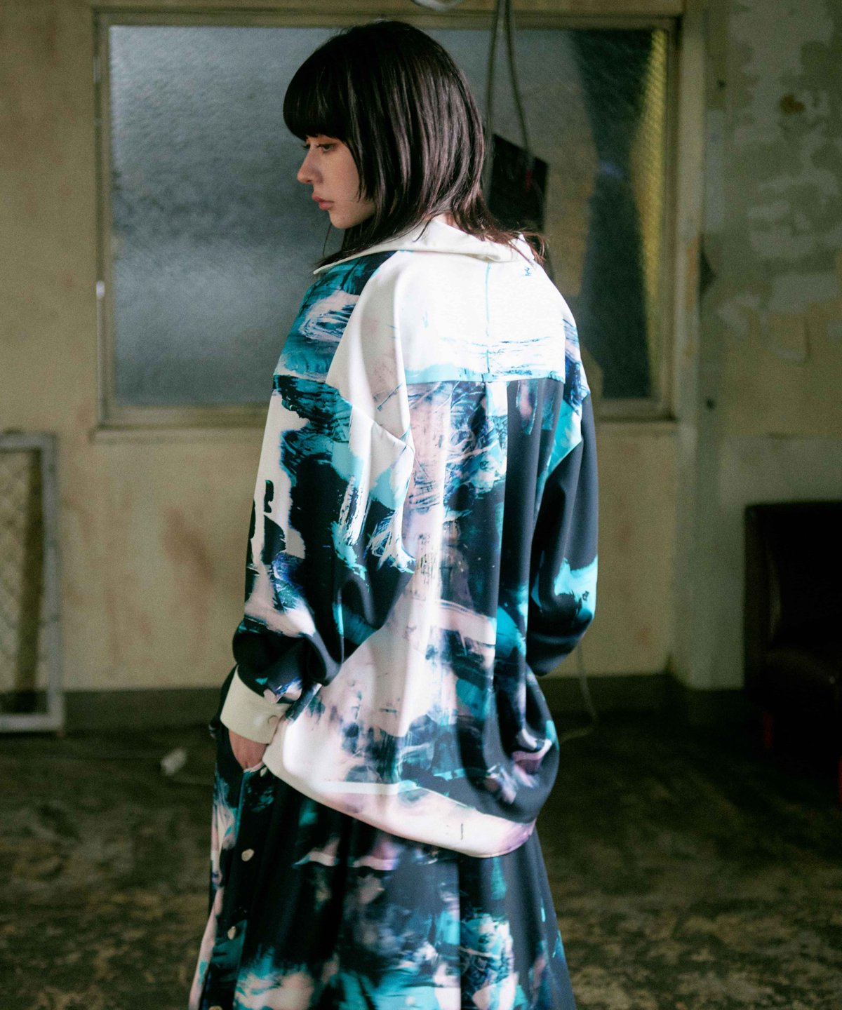 Stony paint open collar shirt / Turquoise | 0658 Stony paint open collar shirt / Turquoise | 0658