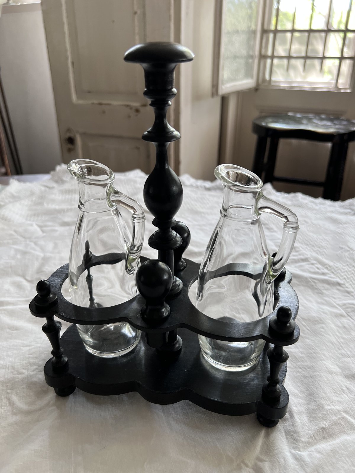 【希少】フランスアンティーク　サラン壺　オイル&amp;ビネガー　陶器ホルダーセット 希少】フランスアンティーク サラン壺 オイル&ビネガー 陶器