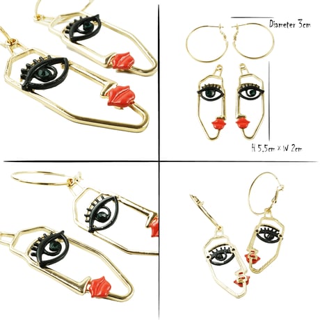 両耳用（2点セット）face フェイスモチーフピアス イヤリング フープピアス 横顔 フェイクピアス おしゃれ 大人アクセ レディース アクセサリー：HPL190901
