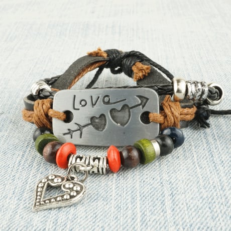3連レザーコードブレスレット ☮♡LOVE ピースマーク リーフ ハート プレート付 ペアブレスレット メンズ レディース アクセサリー：MB160304