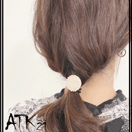 パヴェ パール サークル スクエア ヘアゴム ブレスレットにも シンプル ヘアポニー 髪留め 簡単ヘアアレンジ 大人キレイ レディース ヘアアクセサリー：HG190701