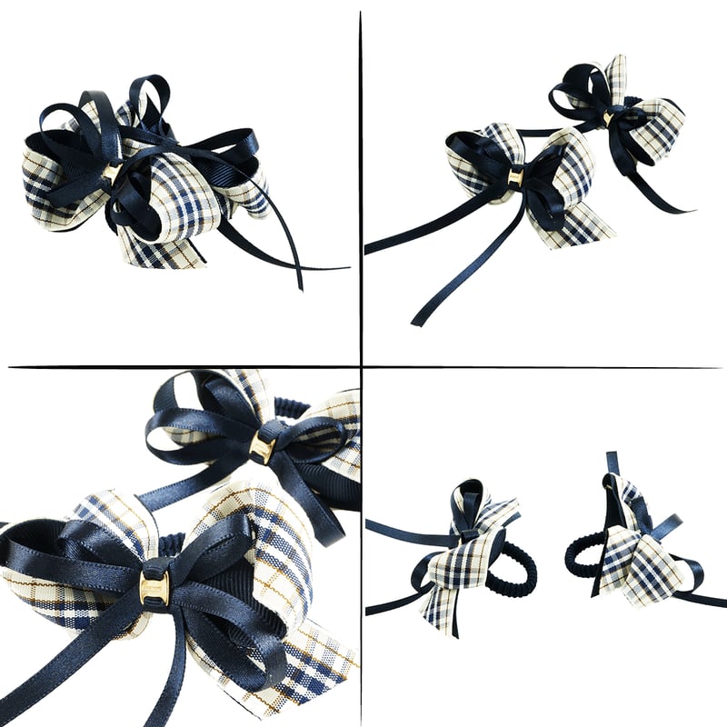 2点セット） チェック柄 リボン ヘアゴム ツインテール キッズ