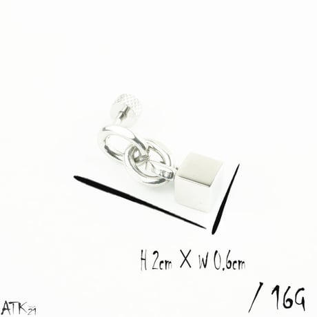 片耳用（1個売り）チェーン スクエアキューブ 16G ステンレスピアス Surgical Steel 316L 軟骨 ボディピアス メンズ レディース ユニセックス アクセサリー：MPS171002