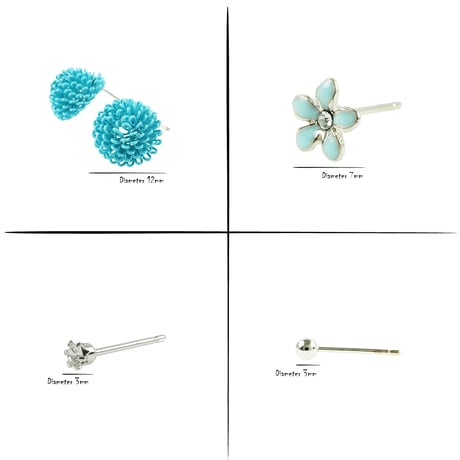 (5点セット）メッシュ フラワー Turquoise フラワー ビジュー シルバーボール 涼しげ 夏ITEM スタッド ピアス 可愛い レディース アクセサリー：PSS190401