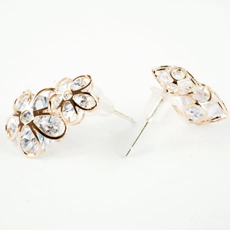 クリアフラワーモチーフ スタッド ピアス キュービックジルコニア シルバー ピンクゴールド レディース アクセサリー：PM160205