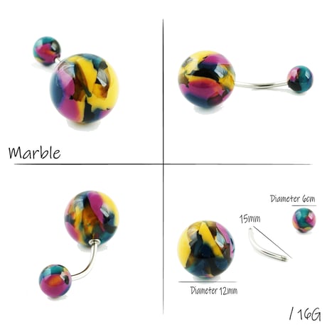 （1個売り）マーブルカラー 16G バナナバーベルピアス ボディピアス へそピアス サージカルステンレス316L アクセサリー メンズ レディース ユニセックス