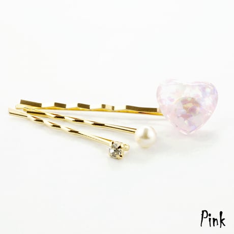(3本セット) プラバン ハートinハート パール ビジュー クリア かわいい ヘアピンセット ヘアアクセサリー：HA170201