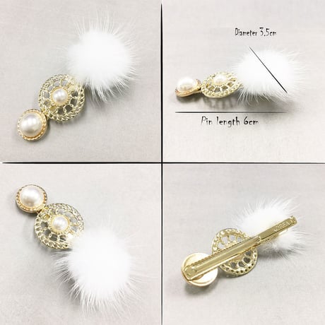 ファー アンティーク ゴールド 透かし サークル パール  かわいい 髪留め 前髪 ダッカール ヘアクリップ 簡単ヘアアレンジ レディース ヘアアクセサリー：HD180901