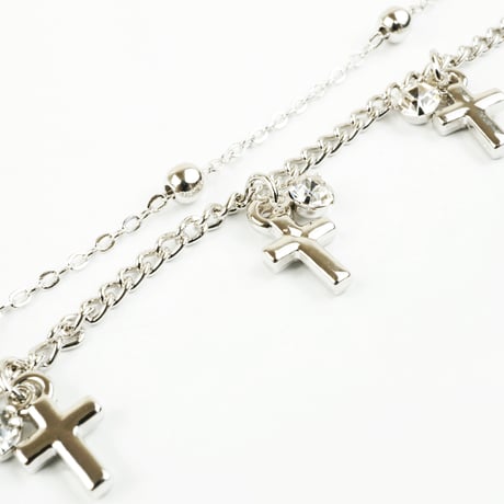 クロス サークル ストーン ボールチェーン ２ライン アンクレット ２連 チェーン おしゃれ レディース アクセサリー：AB160502