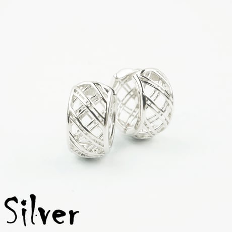 両耳用（2個セット）透かし メッシュ  フープピアス 18G シルバー ブラック シンプル 上品  レディース アクセサリー：HPB170505