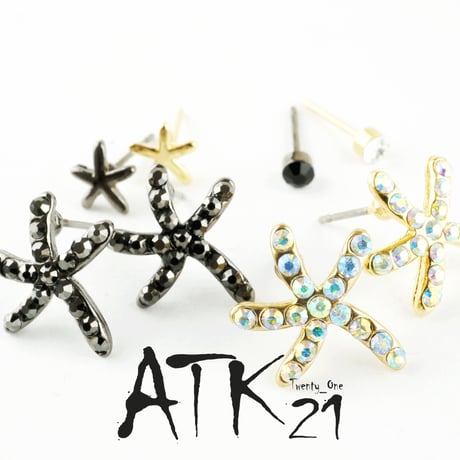 （4点セット）シースター スターフィッシュ ヒトデ キュービックジルコニア モチーフ スタッド ピアス メンズ レディース アクセサリー：PS160205