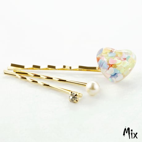 (3本セット) プラバン ハートinハート パール ビジュー クリア かわいい ヘアピンセット ヘアアクセサリー：HA170201