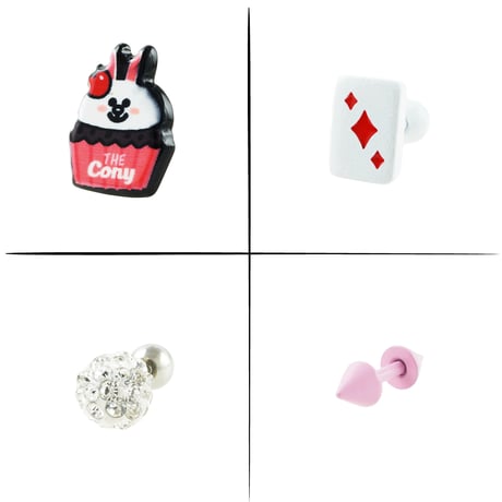 （4点Set）cony パヴェ トランプ バーベルコーン バーベルピアス ボディ 軟骨 スタッド樹脂ポスト ピアス ステンレス  メンズ レディース ユニセックス アクセサリー：PBS181102