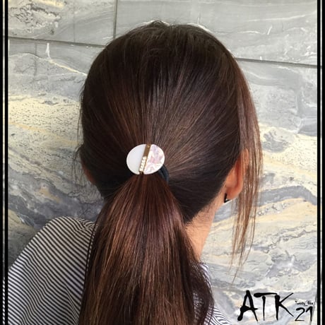 バイカラー マーブル模様 ラインストーン 大人アクセ ハーフハーフ 髪留め ヘアゴム ヘアポニー ：HG180603