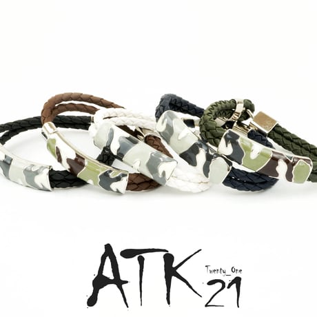 迷彩プレート レザーブレスレット ２連 レザーコードブレス バングル メンズ アクセサリー：MB140202