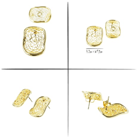 (2点セット）変形 スクエア  透かし ピアス スタッドピアス 涼しげ シルバー ゴールド レディース アクセサリー：PM190602