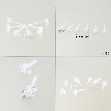 (6点セット）クロスモチーフ 十字架 シークレットピアス 透明ピアス 18G ゴムキャッチ アクリル メンズ レディース ユニセックス アクセサリー：SP190103