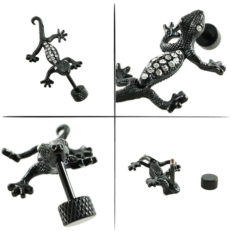 片耳用（1個売り）トカゲ ヤモリ 爬虫類 キュービックジルコニア 16G 軟骨ピアス ネジタイプ ボディピアス ステンレス メンズ レディース ユニセックス アクセサリー：MPS190101
