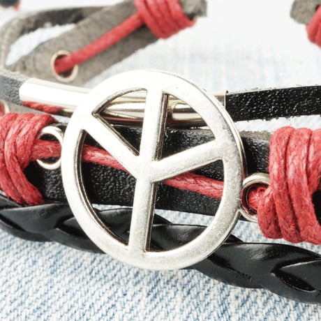 レザーコードブレスレット ☮∞♡LOVE ピースマーク 無限大ハート プレート付 ペアブレスレット メンズ レディース アクセサリー:MB160305