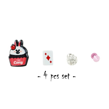 （4点Set）cony パヴェ トランプ バーベルコーン バーベルピアス ボディ 軟骨 スタッド樹脂ポスト ピアス ステンレス  メンズ レディース ユニセックス アクセサリー：PBS181102