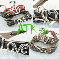 レザーコードブレスレット ☮∞♡LOVE ピースマーク 無限大ハート プレート付 ペアブレスレット メンズ レディース アクセサリー:MB160305