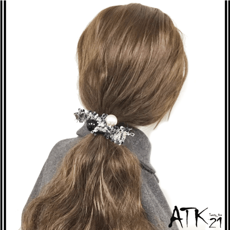 ツイードリボンブラック ホワイト パール ヘアゴム  ヘアポニー 簡単ヘアアレンジ 大人アクセ レディース ヘアアクセサリー：HG181202