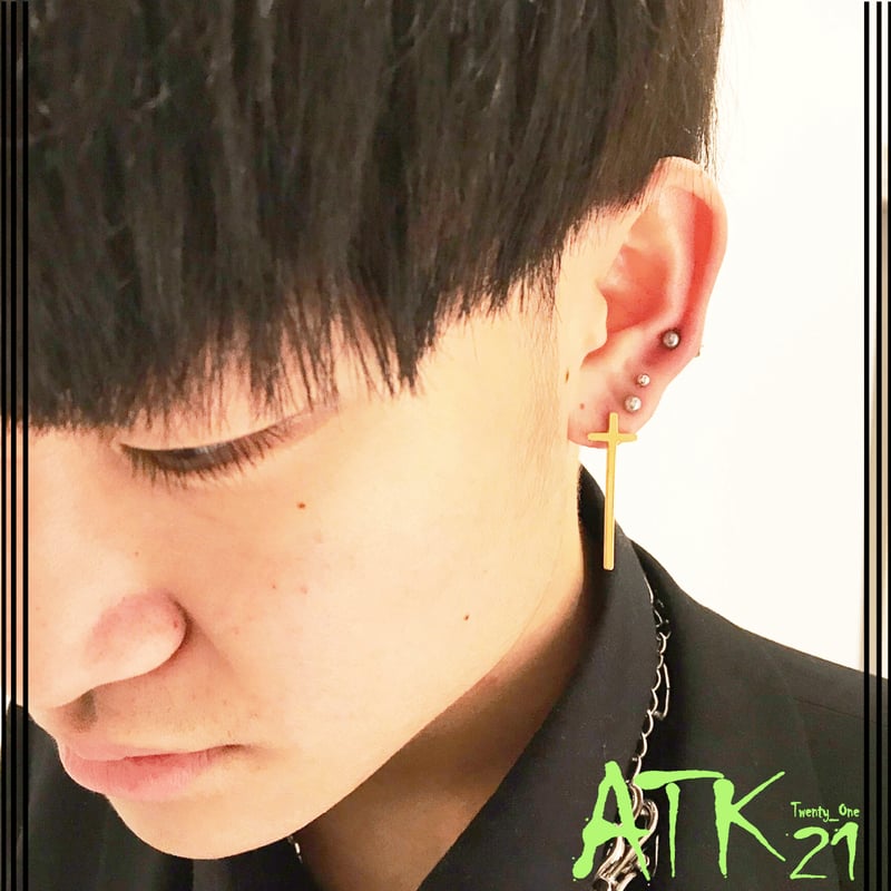 両耳用（2点セット）ロングクロス 十字架 16G ステンレスピアス