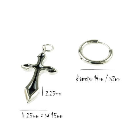 片耳用（1個売り）クロス 十字架 ブラック シルバー フープピアス リングピアス ステンレス 20G メンズ レディース ユニセックス アクセサリー：MBS191206