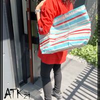 ボーダー ストライプ レジャーシートで作った ハンドメイドエコバッグ 折りたたみ 買い物袋  大容量 トートバッグ型エコバック 折りたたみ ：EB200603