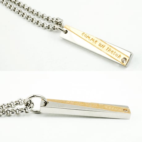 スクエア メッセージ 刻印 プレート ペアネックレス ステンレス CZダイヤモンド  ブラック ピンクゴールド  ユニセックス アクセサリー：PNS161001