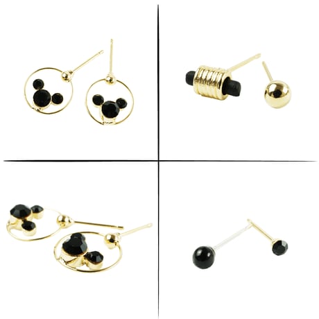 (6点セット）ミッキー モチーフ サークル クリア ブラック ゴールド セットピアス  スタッドピアス メンズ レディース  ユニセックス アクセサリー：PSS190501