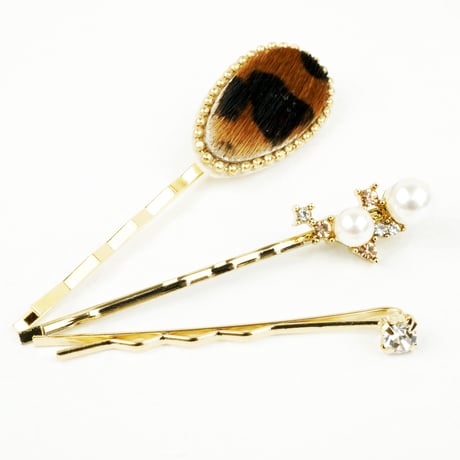 (3本セット) ハラコ オーバル レオパード ゼブラ パール ビジュー ストーン ヘアピンセット ヘアアクセサリー：HA160803