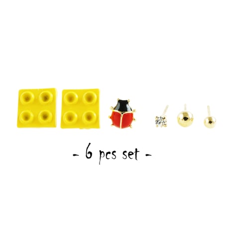 (6点セット）LEGOレゴ てんとう虫 ビジュー ゴールドボール ユニーク スタッド ピアス 可愛い メンズ レディース ユニセックス アクセサリー：PSS181110