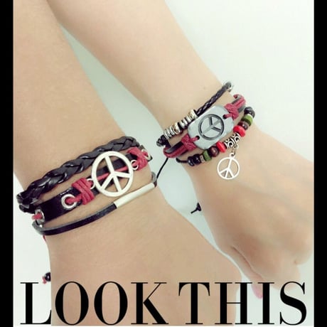 レザーコードブレスレット ☮∞♡LOVE ピースマーク 無限大ハート プレート付 ペアブレスレット メンズ レディース アクセサリー:MB160305