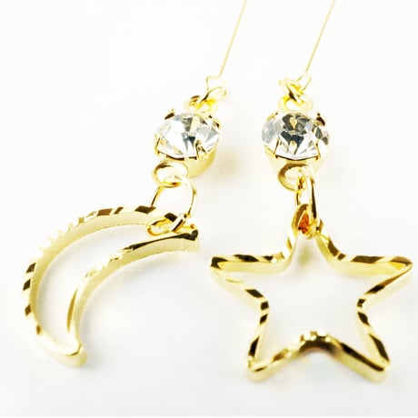 スター 星 ムーン 月 スウィング 揺れる 一粒ストーン アシンメトリーピアス カジュアル 華奢 シルバー ゴールド レディース アクセサリー：PL160202
