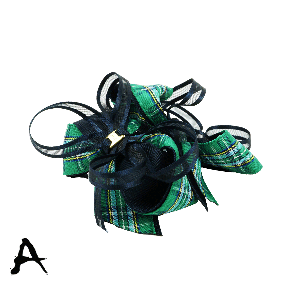 2点セット） グリーン ネイビー チェック柄 リボン ヘアゴム