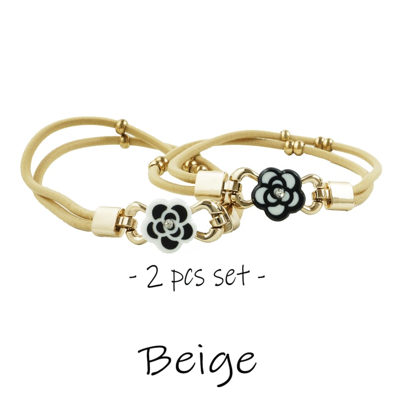 2点セット)カメリア 2連 フラワー付きヘアゴム 2ライン ヘアポニー 髪