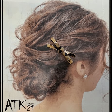 リボン べっ甲 マーブルカラー パッチンピン ヘアピ ンヘアクリップ セルロイド 大人可愛い レディース ヘアアクセサリー：HP170601