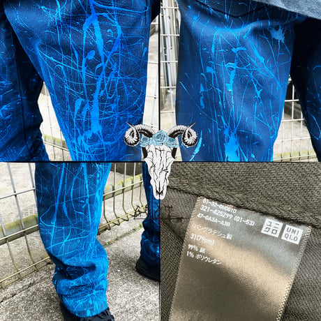 リメイクペイントデニムパンツ デニムパンツ UNIQLO ストレッチセルビッジジーンズ ブラック デニム メンズ ファッション ATK21:RP201001