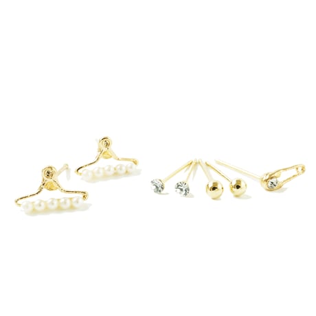 (6点セット）ハンガー 安全ピン パール ビジュー シルバーボール ユニーク スタッド ピアス かわいい ピアス メンズ レディース ユニセックス アクセサリー：PSS181001