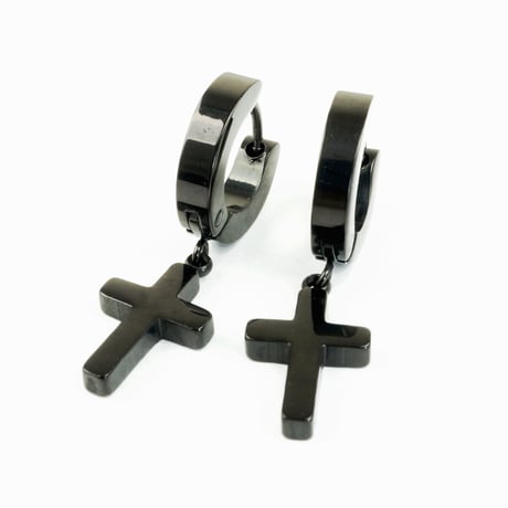 両耳用（2個セット）クロス 十字架 フープ リング ピアス ぶら下がりピアス ブラック シルバー ステンレスピアス メンズ レディース アクセサリー： MP160501