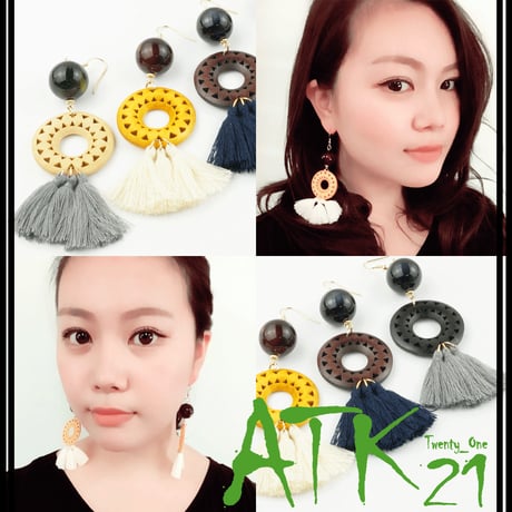 ウッドサークルモチーフピアス  フリンジ ウッド ピアス エスニック ボヘミアン  レディース アクセサリー：PHL170801