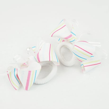 (2個セット） ストライプ リボン ストーン パール ヘアゴム ツインテール キッズ アクセサリー 卒業式 入学式 発表会 七五三 結婚式  パーティ  ヘアアクセサリー：HG160601P