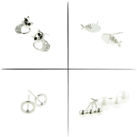 （12点セット）子猫 お魚 ボール パール セットピアス シルバー ピンクゴールド スタッドピアス おしゃれ レディース アクセサリー：PSS200103