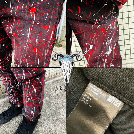 リメイクペイントデニムパンツ デニムパンツ UNIQLO ストレッチセルビッジジーンズ ブラック デニム メンズ ファッション ATK21:RP201001