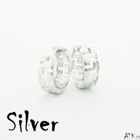両耳用（2個セット）グレカ模様 シンプル フープピアス 18G シルバー ブラック メンズ レディース ユニセックス アクセサリー：HPB170703(S)