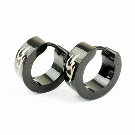 両耳用（2個セット）トライバル モチーフ ブラック フープ リング ピアス メンズ レディース ステンレス アクセサリー：MPS160503